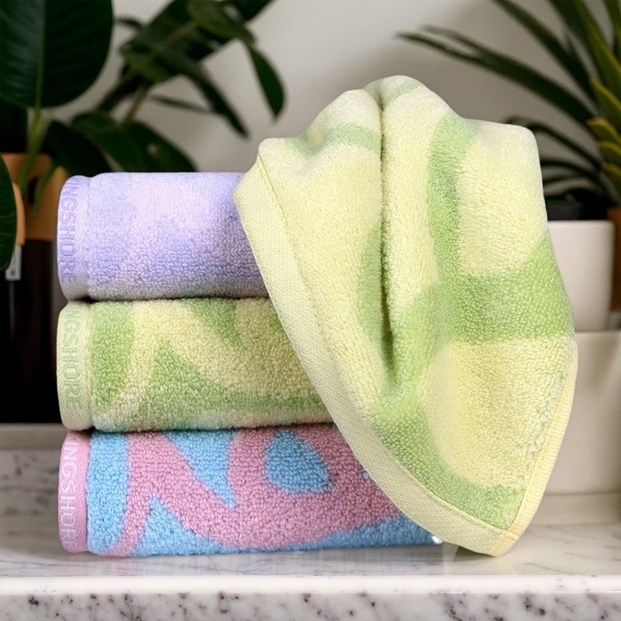 Unique Bargains Heart Love Pattern Hand Towels Pure Cotton Green 2-Pieces