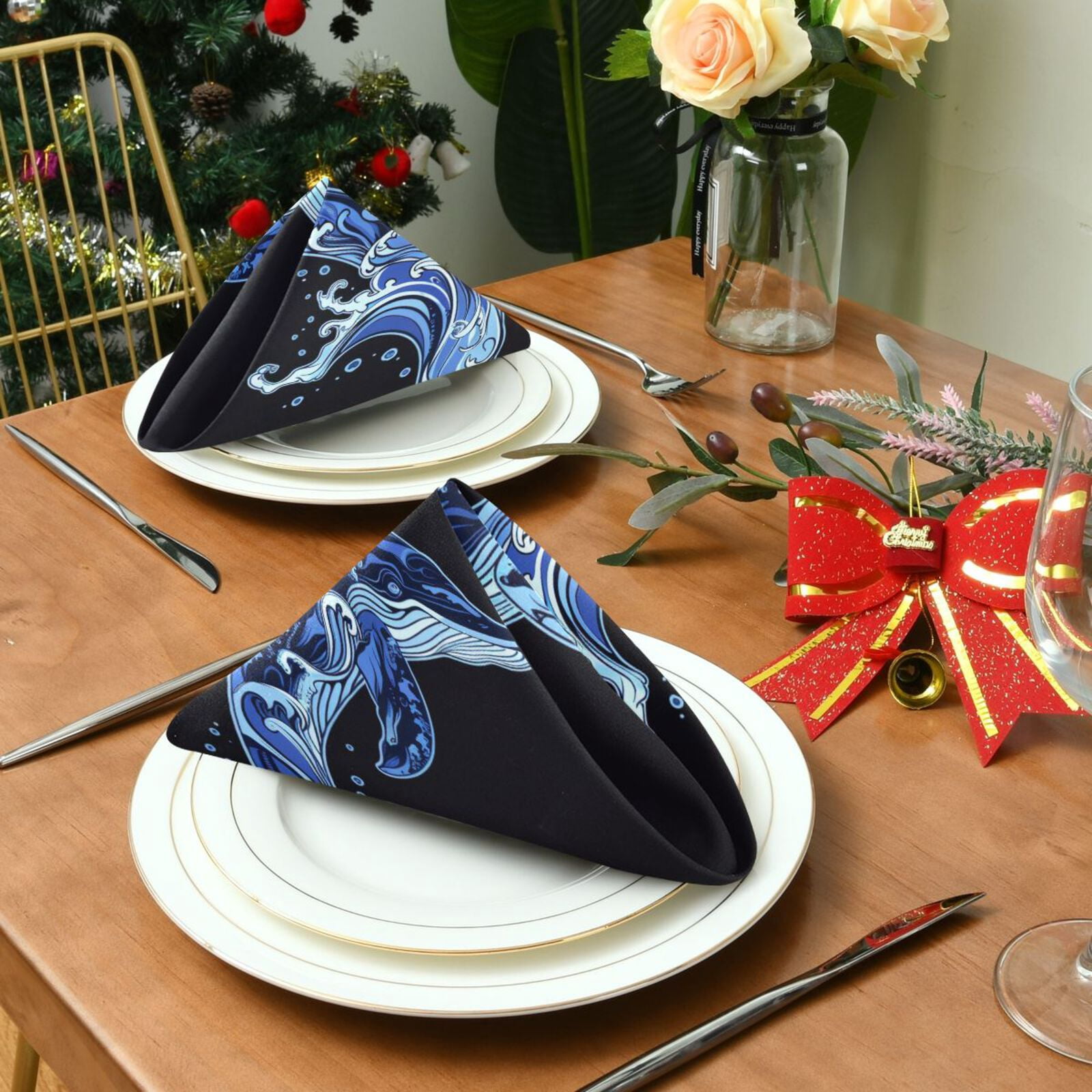 JSTEL Two Whales Sea Wave Cloth Napkins Set of 6, 20x20 Inch Washable and Reusable Napkin for Decoupage Dinner Party Everyday Use