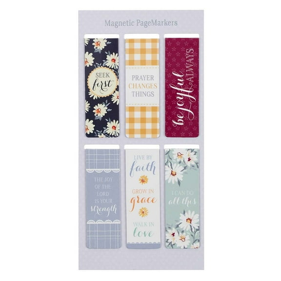 Set of 6 Beloved Scripture Favorites w/Daisies Inspirational Magnetic Bible Verse Bookmark, Size Small 2.3" x .75"