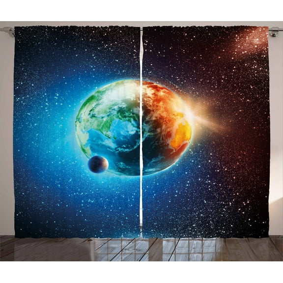 Ambesonne Earth Curtains 2 Panel Set, Galaxy Space Stars Astral, 108" x 63", Orange Blue Black