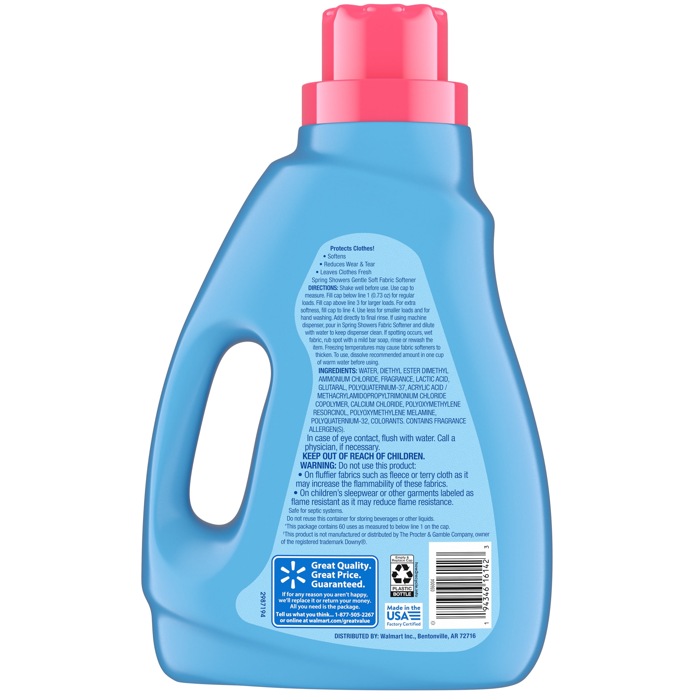 Great Value Gentle Soft Fabric Softener, Spring Showers, 44 fl oz, 60 Loads, Compare to the Softening of Downy®
