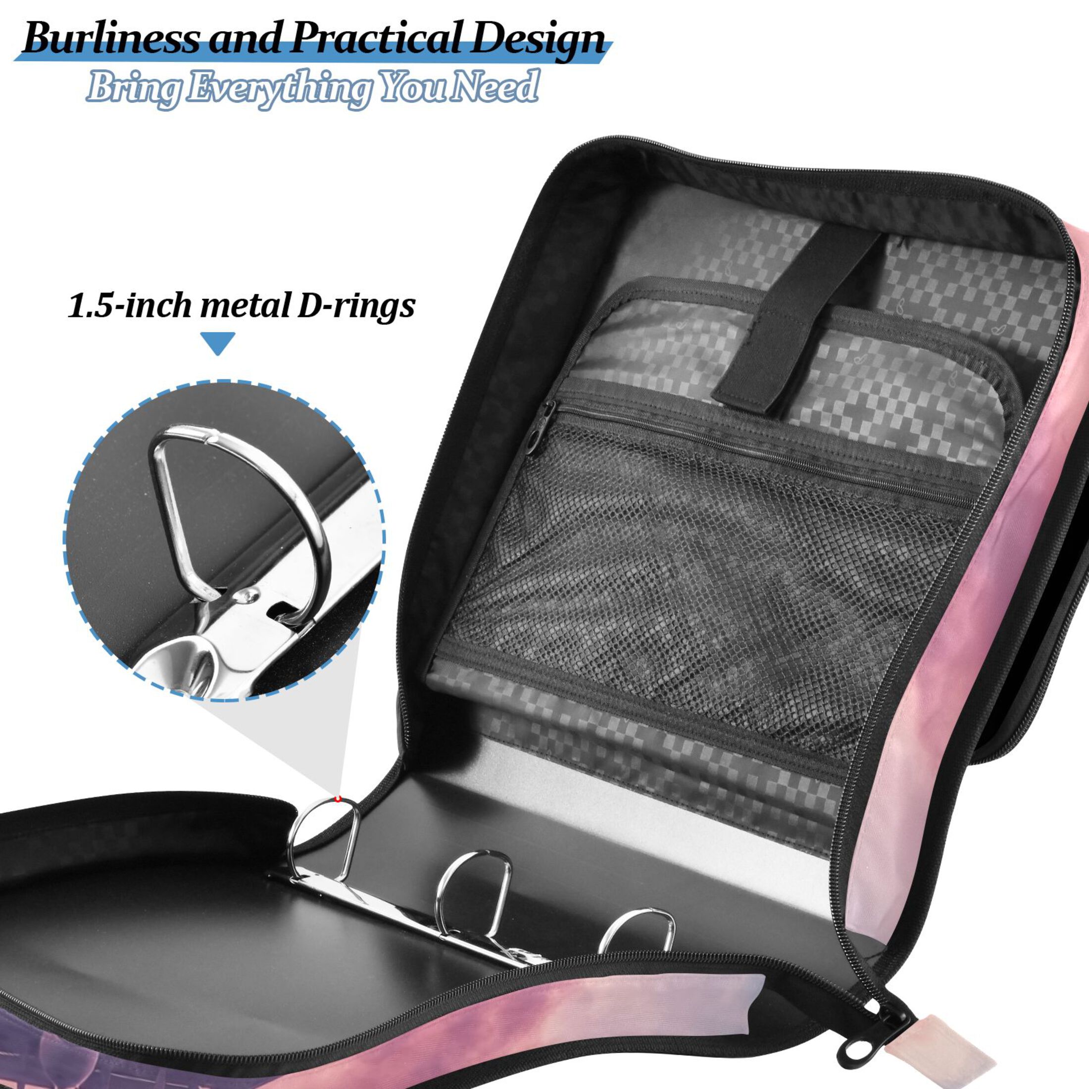 3 Ring Zipper Binder with Shoulder Strap Waterproof Trapper Keeper 2 Inch D-Ring 500 Sheets Capacity Airplane Fly Through Heart Cloud