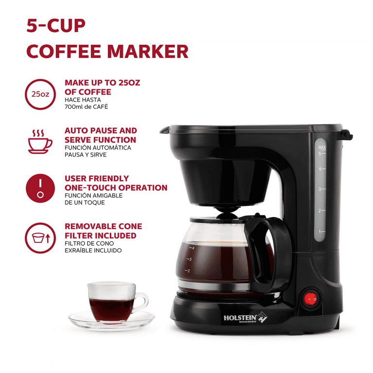 Holstein Housewares 5CUP Coffee Maker - Space-Saving Design, Auto Pause and  Serve, and Removable Filter Basket for Fresh and Rich-Tasting Coffee 