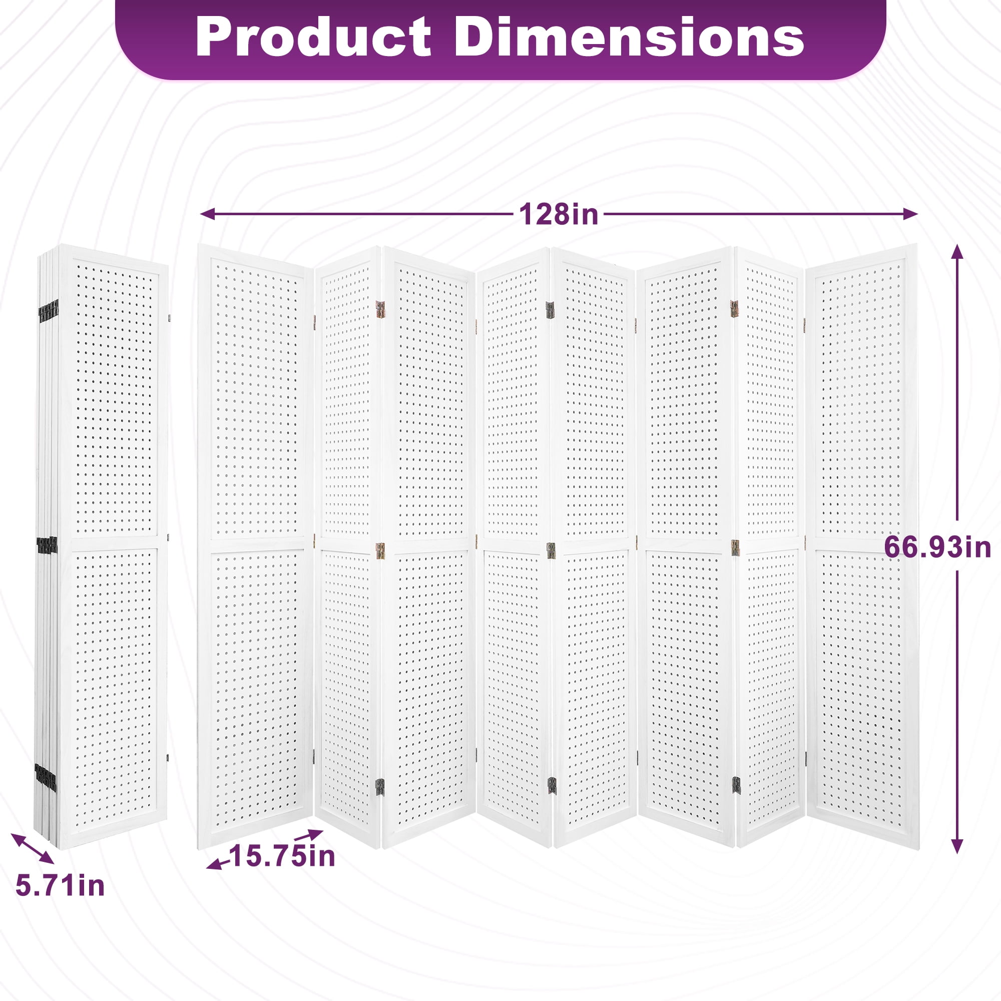 MAYEERTY 8 Panel Wood Pegboard Room Divider, Folding Privacy Screen with Hanging Storage for Bedroom & Office, 67" White