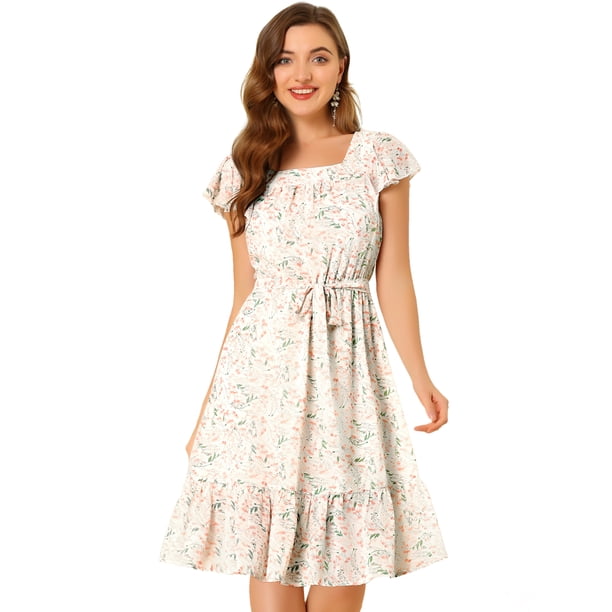 Vestido Dobladillo Con Volantes Aleteo Mangas Cuello Cuadrado Con Cinturón Allegra K Blanco-Floral S