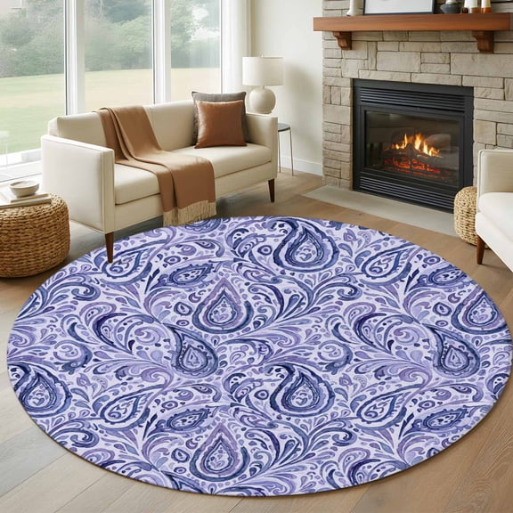 Round Rug 6Ft Washable Non-Slip, Purple Navy Blue Circle Area Rugs for Living Room Bedroom, Retro Botanical Abstract Art Indoor Floor Mats Carpet Runner for Home Decor Aesthetic