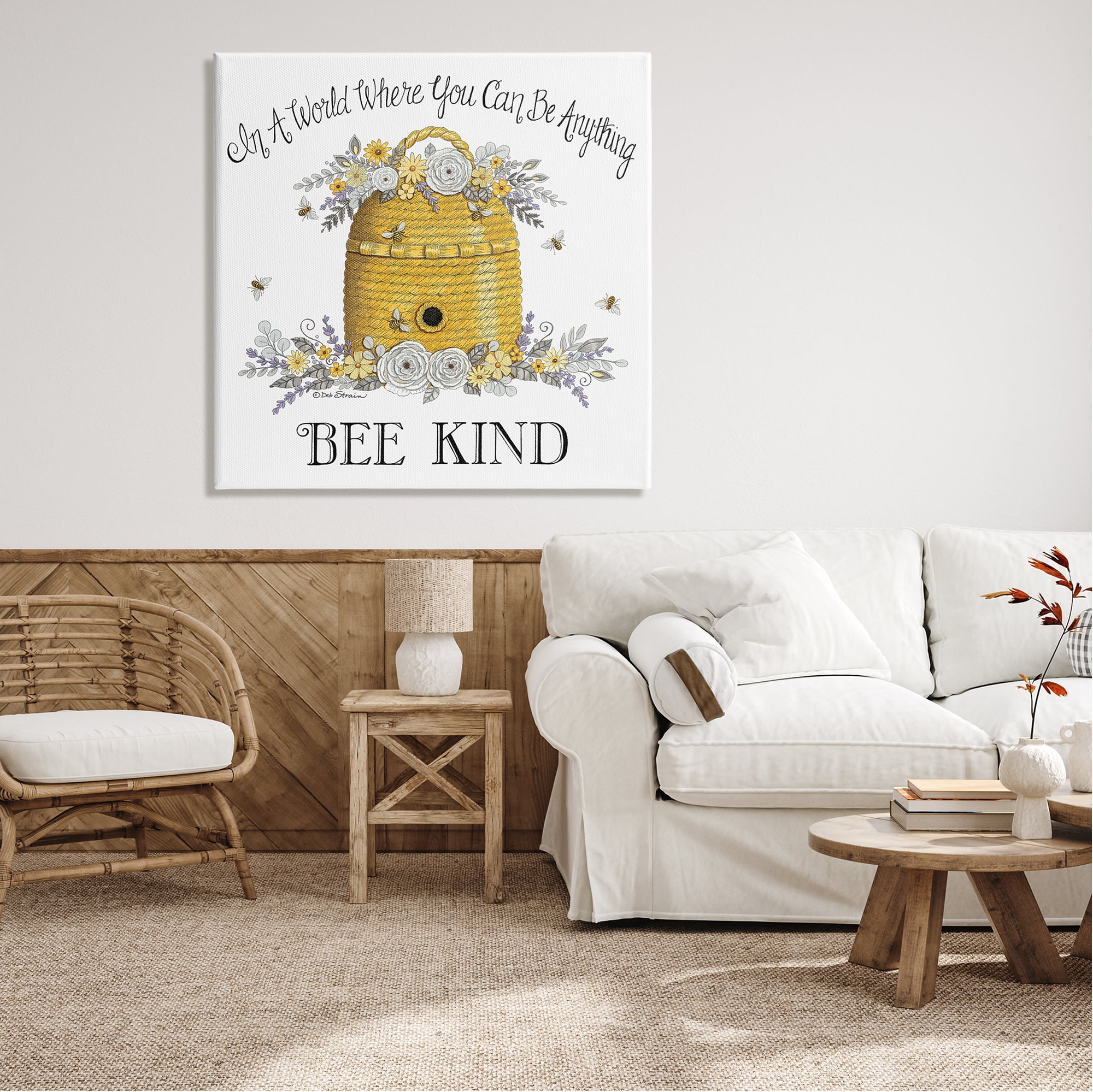 Stupell Industries Bee Kind Encouraging Phrase Floral Decorated Hive Graphic Art Gallery Wrapped Canvas Print Wall Art, Design by Deb Strain