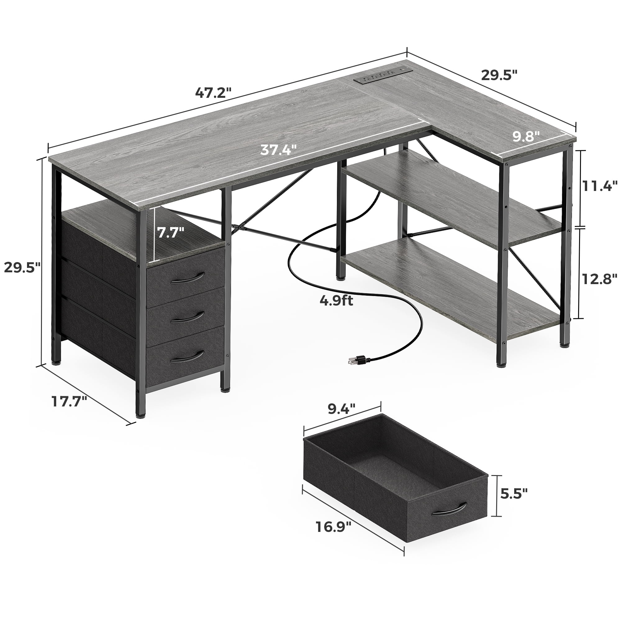 47 Inch L Shaped Office Desk with Power Outlets, Computer Desk with Drawers, Corner Desk for Home Office
