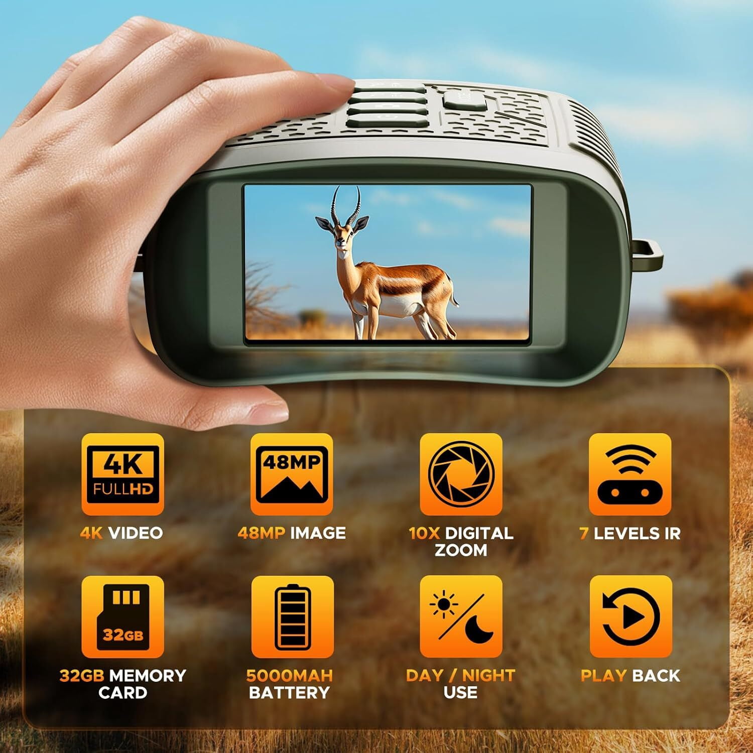 CAMPARK NV02 Night Vision Goggles, 4K 48MP Night Vision Binoculars, 3'' HD Screen & 10X Zoom & 5000mAh Battery, 32GB Card Included, Infrared Vision, 1300ft Range, Perfect for Outdoor, Camping & Secur
