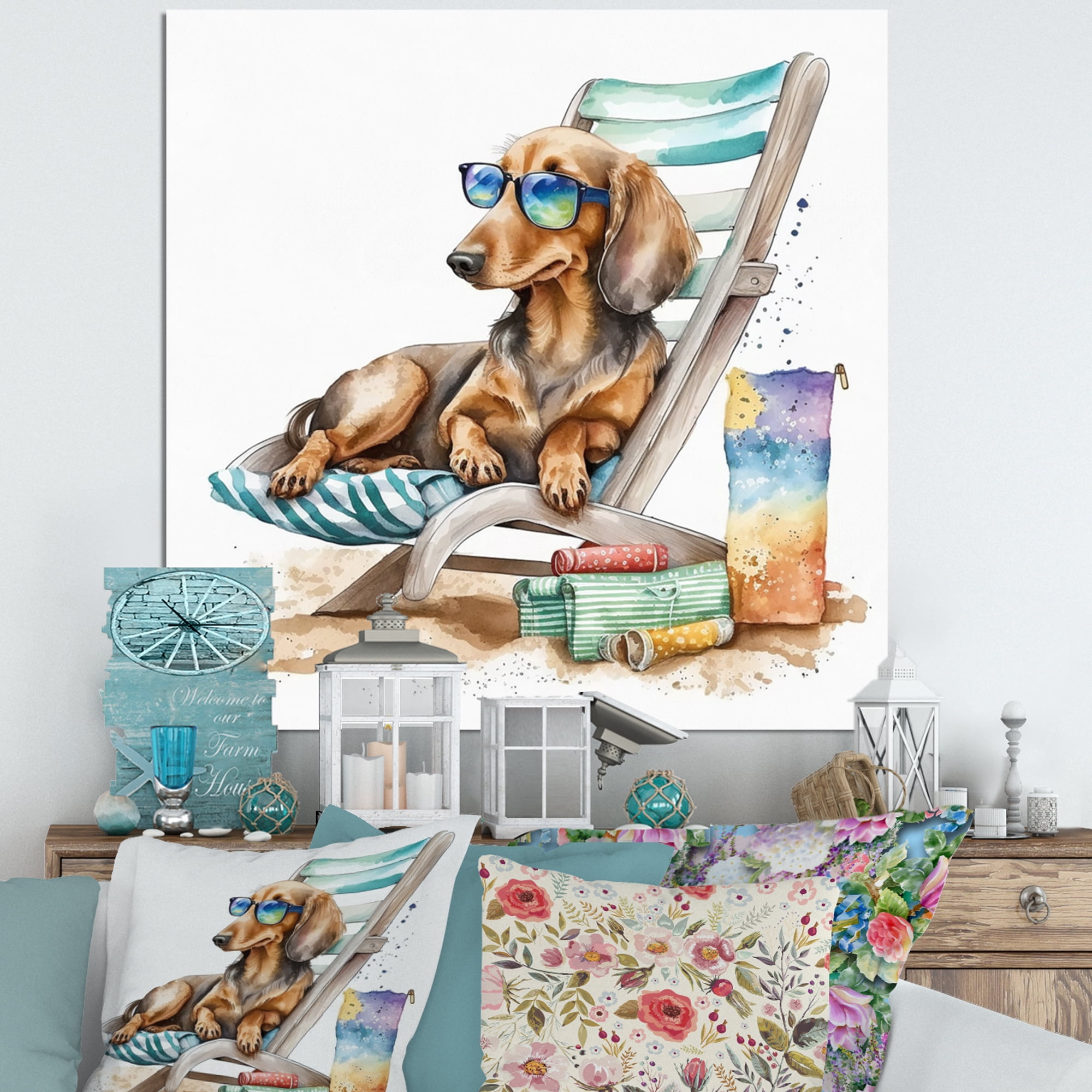 Designart Dog Lounging On The Beach With Sunglasses IV Canvas Wall Art