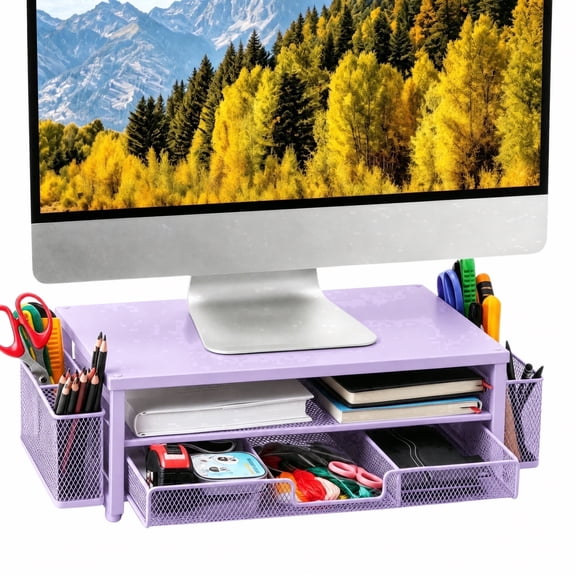 FTCBJJA 2-Tier Monitor Stand Riser, Desk Organizer and Accessories with Drawer and Pen Holders, Carbon Steel Ergonomic Computer Stand for Home, Purple