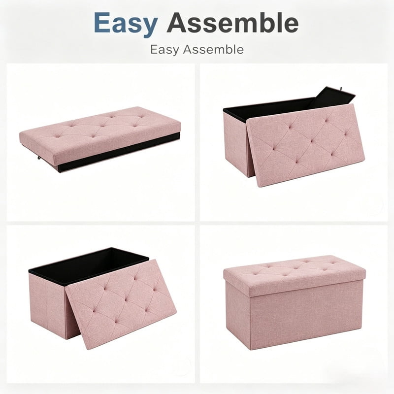 Kelno 30" Foldable Storage Ottoman Bench Linen Footrest Stool with Foam Padded Seat, Pink