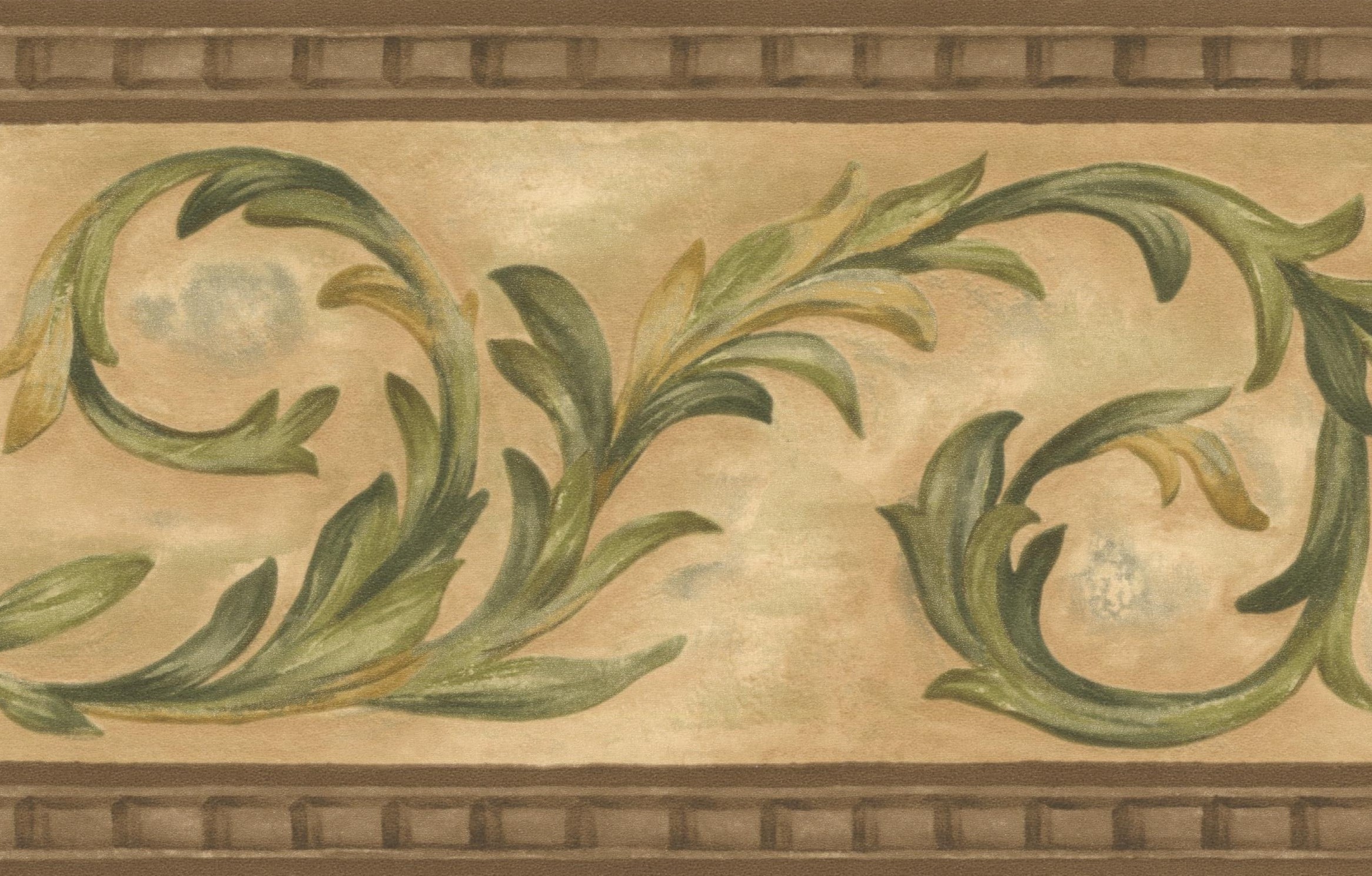 Green Vines Beige Damask Wallpaper Border Retro Design, Roll 15' x 5