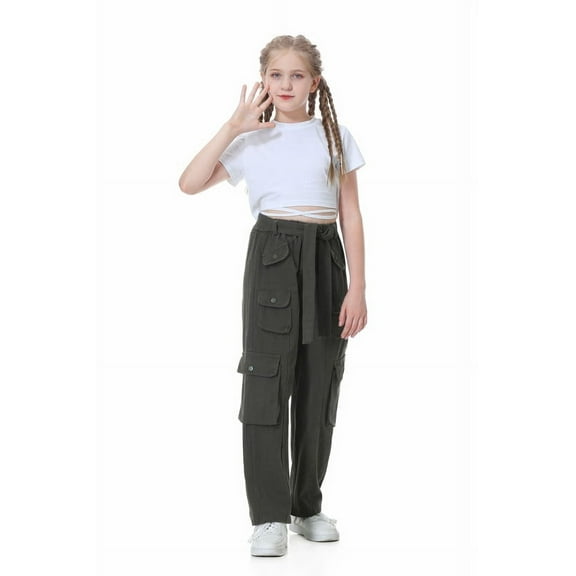 Rolanko Girl's High-Waisted Cargo Pants: Multiple Pockets, casual daily sports and dancing.