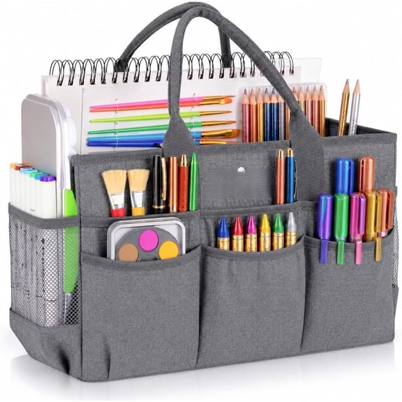 Large Art Storage Tote Bag With Mesh Pockets, Green | Sturdy Craft Organizer With Reinforced Bottom & Front Elastic Pockets For Sewing, Scrapbooking, Teachers & Artists