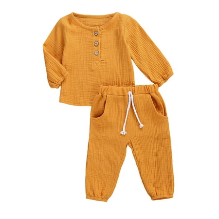 

Izhansean 2Pcs Toddler Baby Girl Boy Clothes Long Sleeve Tops Shirt Drawstring Pants Set Yellow 6-12 Months