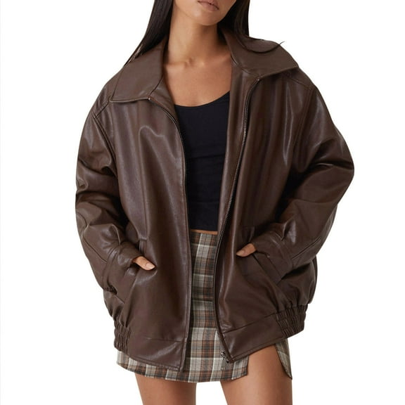 Jackets for Women Faux Leather Motorcycle Bomber Solid Loose Casual Zipper Lapel Moto Biker With Pocket Light Weight Jacket