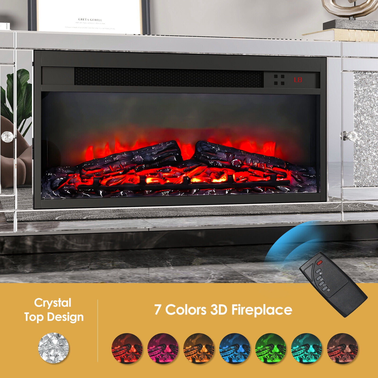 COSVALVE 59" Modern Silver LED TV Stand Electric Mirrored Fireplace Crushed Diamond Entertainment Center Cabinet for 65 Inch TVs Living Room