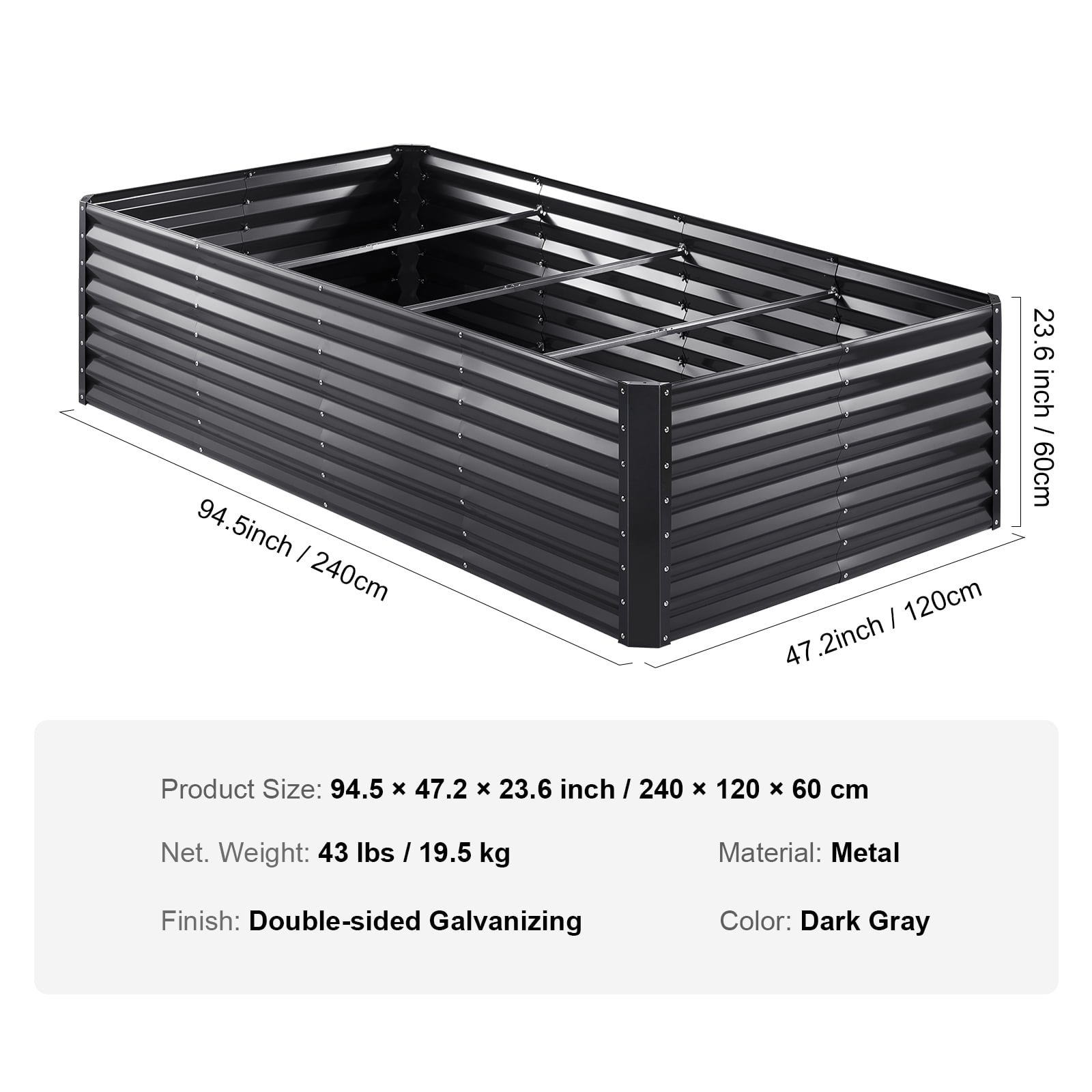 KFFKFF Galvanized Raised Garden Bed Planter Box 94.5x47.2x23.6" Flower Vegetable
