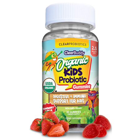 Kids Probiotics Gummies with DE111 Bacillus Subtilis – Immune Support & Digestive Health – Organic Plant-Based, 2.5 Billion CFU, Strawberry Flavor, 1 Month Supply