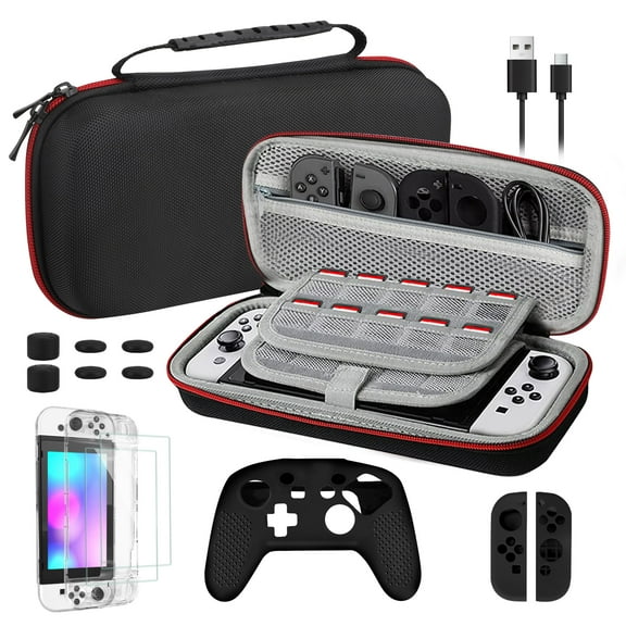 TSV Carrying Case Fit for Nintendo Switch OLED, 17-in-1 Accessories Bundle with Hard EVA Travel Bag, PC/Silicone Protective Case Cover, Screen Protector, Type C Cable, Thumb Grip Caps