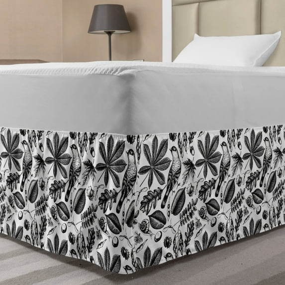 Vintage Bed Skirt, Autumn Season Nostalgic Sketch Style Leaves Birds Print on Plain Backdrop, Elastic Bedskirt Dust Ruffle Wrap Around for Bedding Decor, 4 Sizes, White and Dark Brown, by Ambesonne