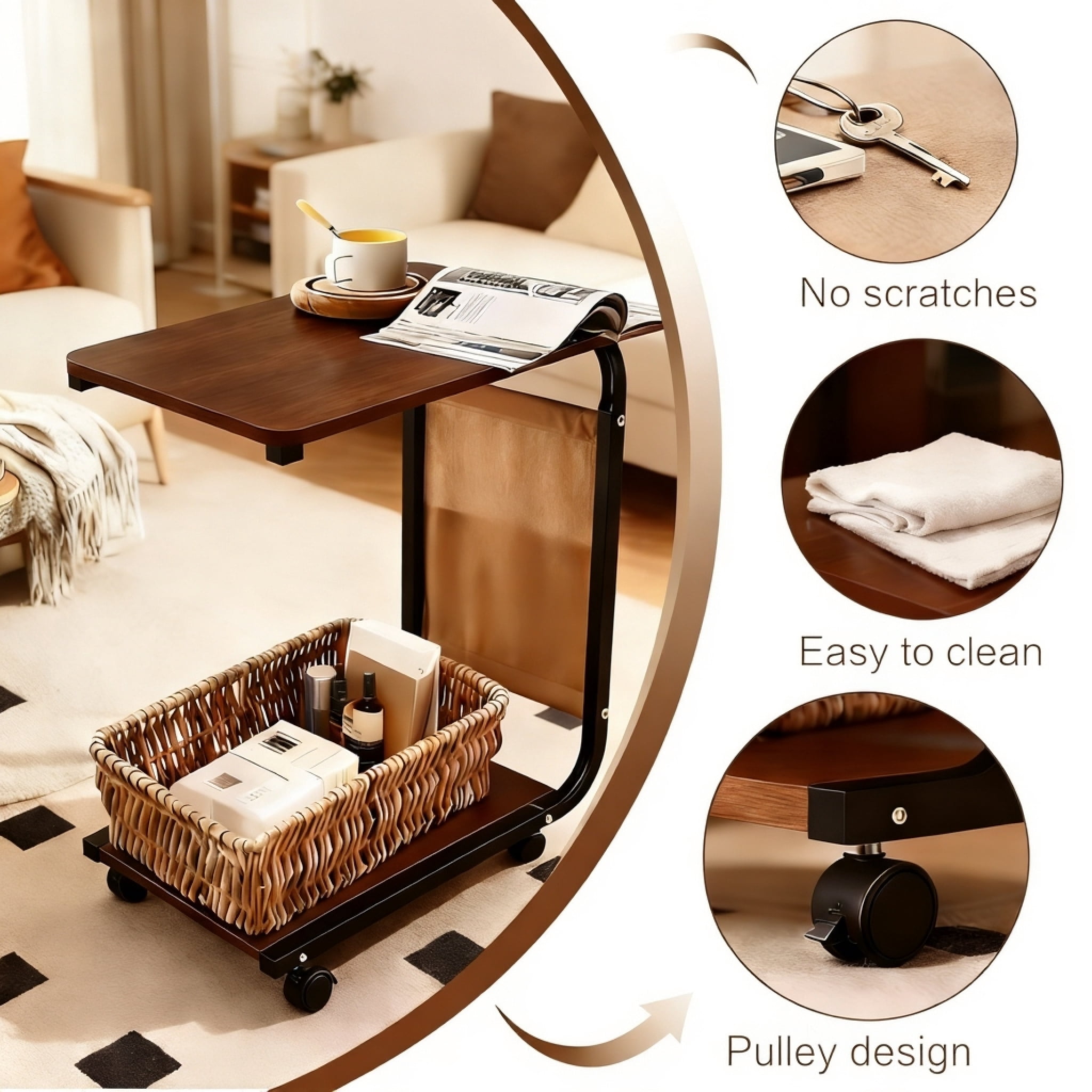 Howcool C-Shaped End Table with Wheels, 25.1" Mobile Sofa Side Table Slide Under Couch, Double Layer Storage & Side Pocket, Space Saving Brown for Living Room Bedroom, 2-Pack