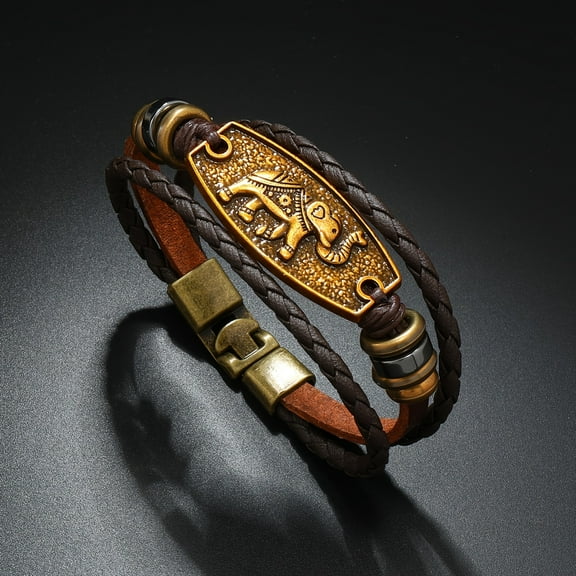 1pc Unique Alloy Elephant Beaded PU Leather Bracelet For Men, Woven Accessories,Brown
