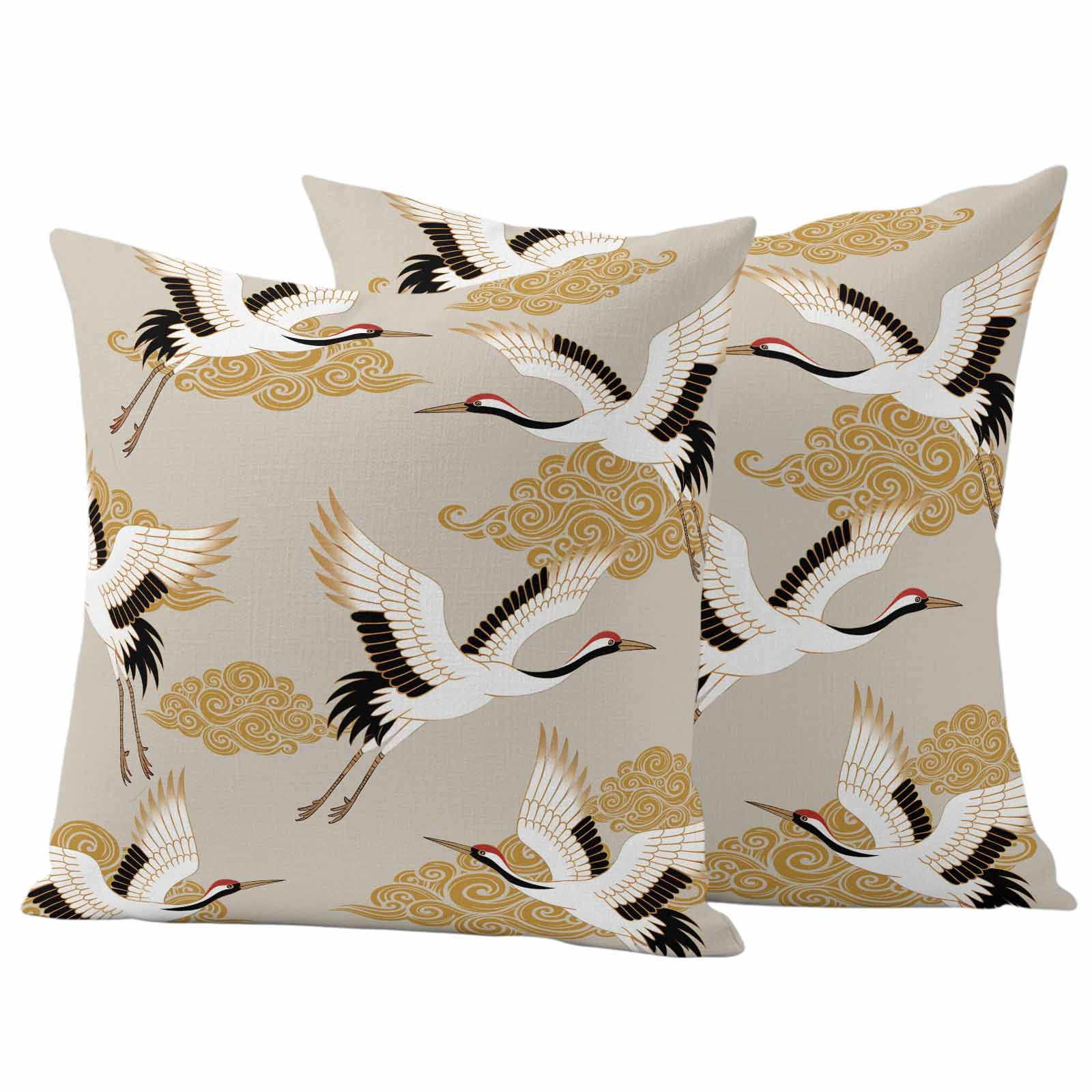White Crane Outdoor Waterproof Throw Pillow Covers 16x16 Set of 2, Golden Chinese Auspicious Clouds Vintage Beige Pillowcases Cushion Pillowcase for Couch Sofa Patio Outside Pillow Protector