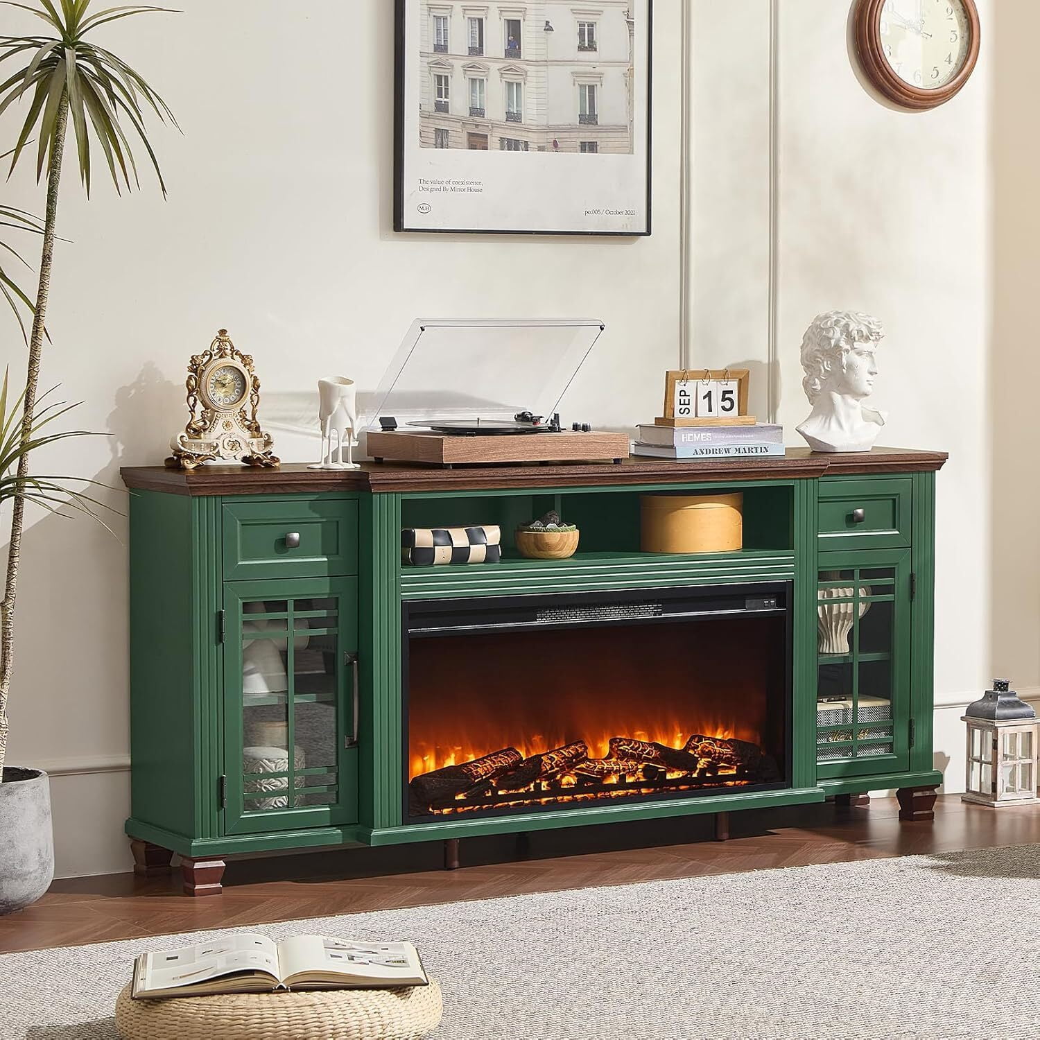 70" Fireplace TV Stand for TV up to 80", Entertainment Center with 36.5" Electric Fireplace Media Console Table for Living Room with Glass Shelves, Green
