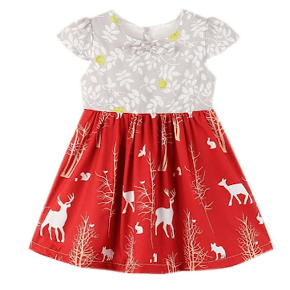 Little Toddler Girls Christmas Patterned Holiday Party Outfit Dress (Leaf Reindeer, 2-3 Years)
