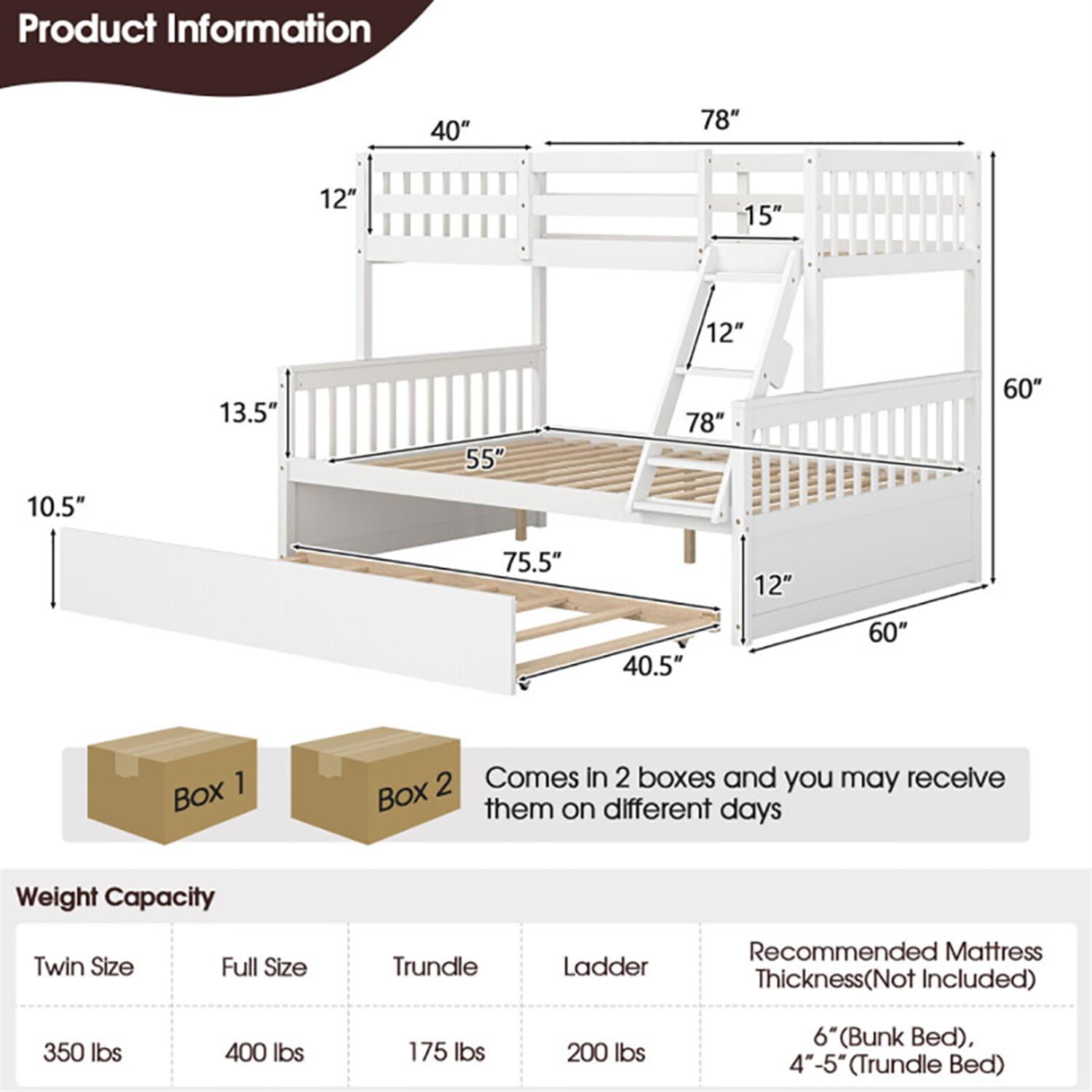 Demi Bonn Twin Pull-Out Bunk Beds with Ladder in the Steps and a Trundle, Full Convertible Bunk Bed Platform, White