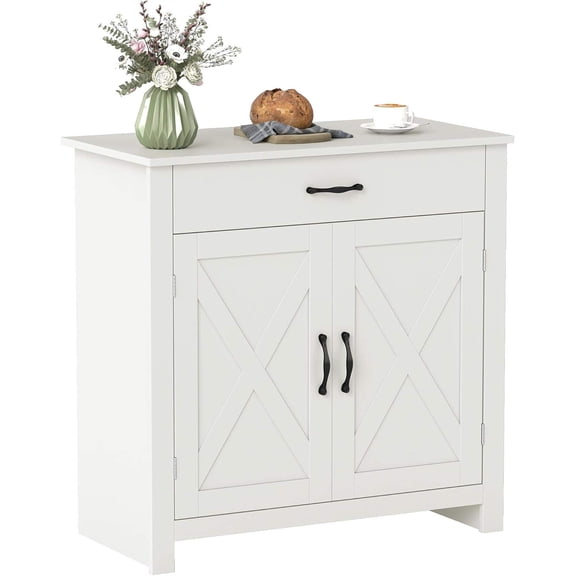 Buffet Cabinet, Barn Door Coffee Bar Cabinet with Drawer and Adjustable Shelf for Kitchen, Living Room, Entryway, White Wash