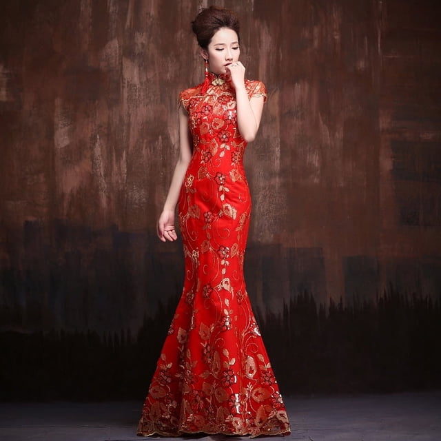 Vestido de novia para brindis de boda, cheongsam rojo de bienvenida, cola de pez, vestido de coro para actuación en el escenario, vestido de etiqueta largo