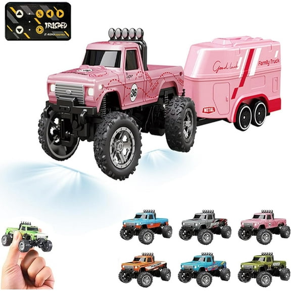 Mini RC Monster Truck, 2025 New Mini Rc Monster Truck, 1:64 Scale Monster Truck Remote Control Car with Lights, USB Rechargeable Mini RC Truck with Trailer, 2.4Ghz Remote Control