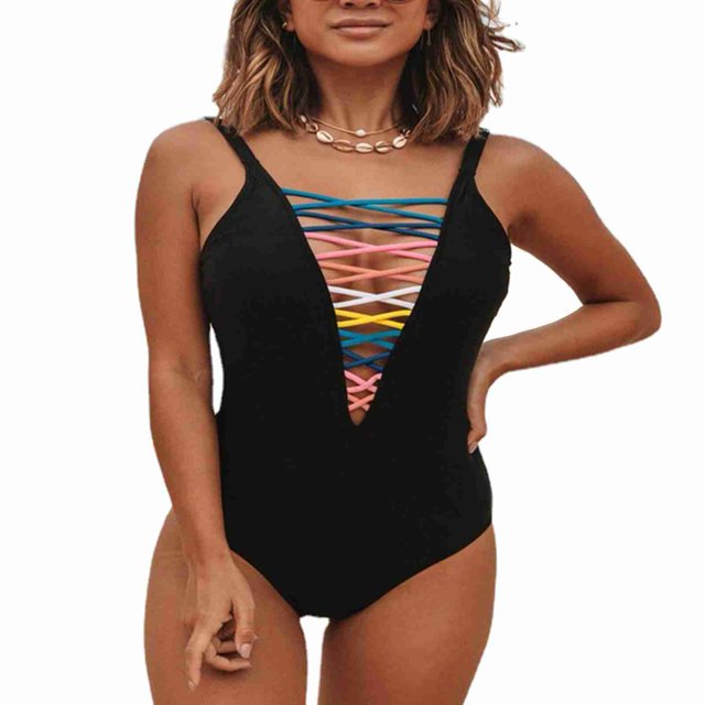 Traje de baño de una pieza para mujer Fiesta en la playa Elegante Traje de baño con cordones multicolor para surfear Negro M