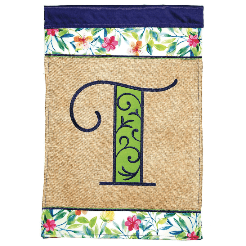 Magnolia Gardens M030089 13 x 18 in. Double Applique Monogram T Spring Burlap & Print Garden Flag