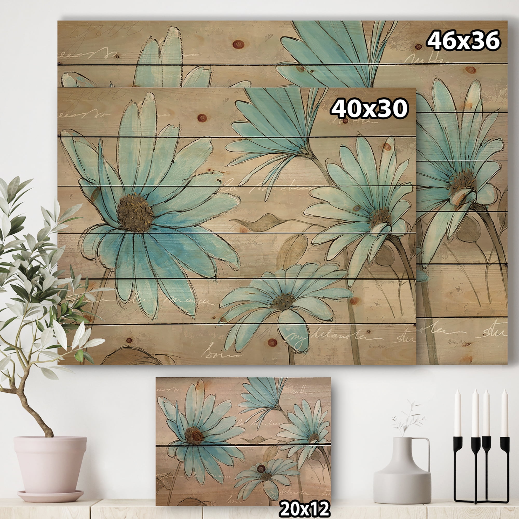 Designart 'Leucanthemum Indigo Cottage Flower' Traditional Print on Natural Pine Wood