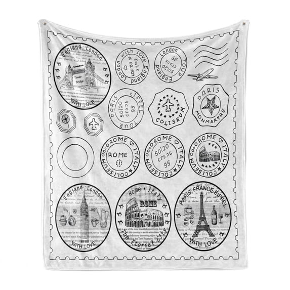 Travel Soft Flannel Fleece Throw Blanket, Stamps from All over the World Historical Landmarks Tourist Attraction European, Cozy Plush for Indoor and Outdoor Use, 60" x 80", Black White, by Ambesonne