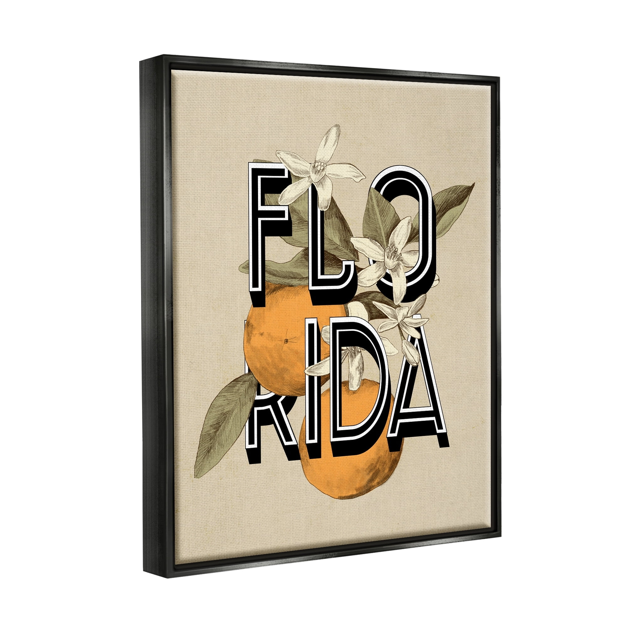 Stupell Industries Florida Orange Blossoms State Flower Typography Graphic Art Jet Black Floating Framed Canvas Print Wall Art, Design by Daphne Polselli