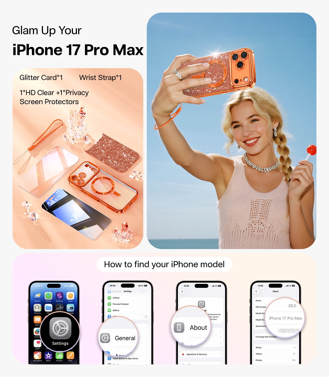 Meifigno for iPhone 17 Pro Max Case 6.9", [Glitter Card & Wrist Strap] [Compatible with MagSafe] [1HD+1X Privacy Screen Protectors] Surround Raised Lens Protection 17 ProMax Case, Cosmic Orange