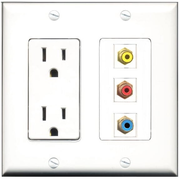 RiteAV - 15 Amp Power Outlet 1 Port RCA Red 1 Port RCA Yellow 1 Port RCA Blue Decorative Wall Plate