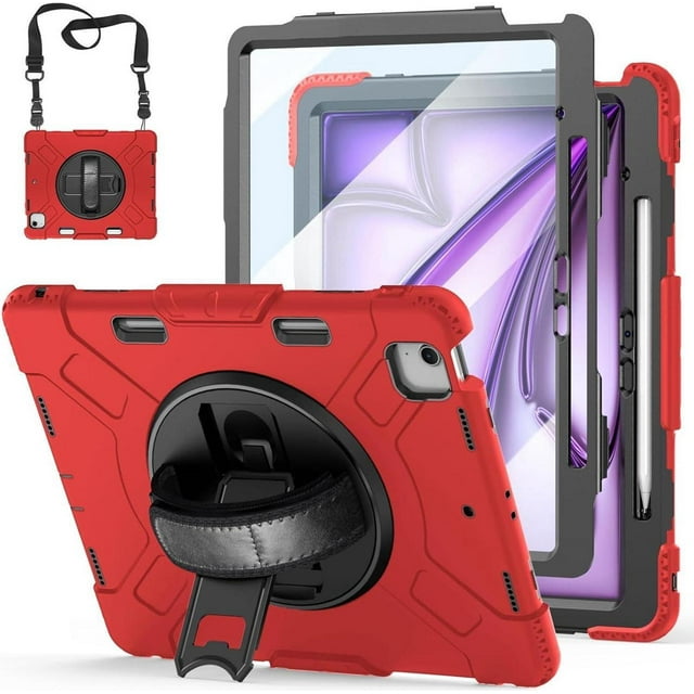 Case for iPad Air 13 Inch Case M3 2025 M2 2024, Rugged iPad Pro 12.9 6th/5th/4th/3rd Generation Case with Screen Protector/Kickstand/Handle Grip/Shoulder Strap/Pencil Holder