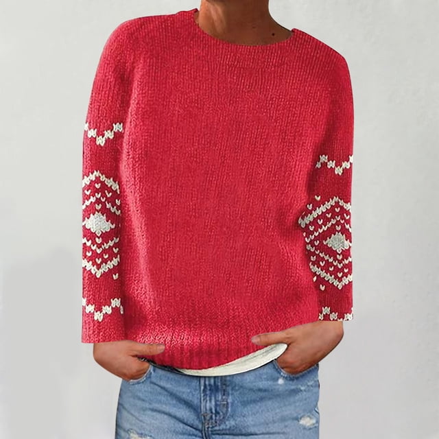 Frostluinai Chandails Tricotés d'Automne pour Femmes à Manches Longues, Imprimé Fair Isle Vintage, Chandail à Col Rond, Chandails Mode, Chandails Raglan Décontractés