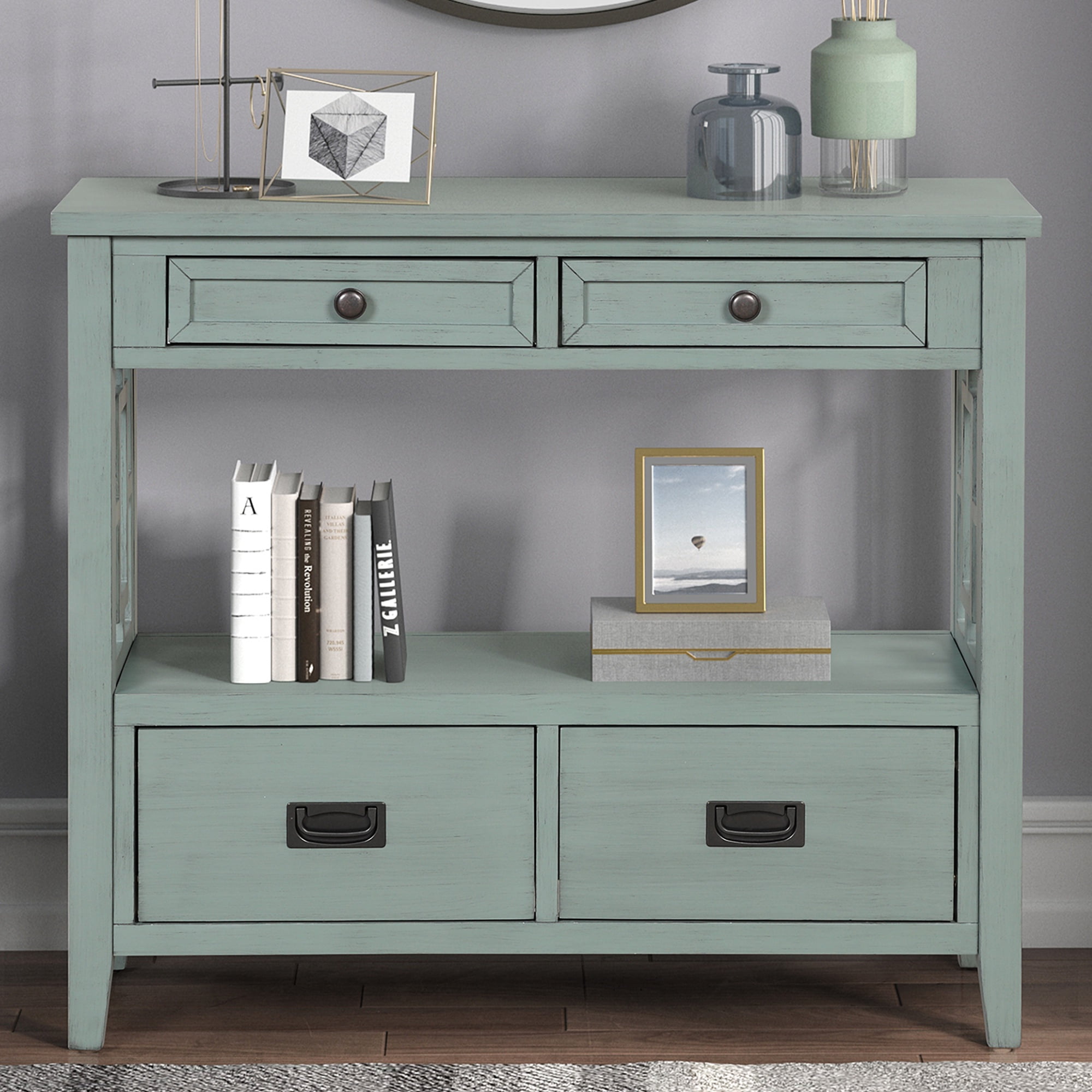 PORKISS Farmhouse Solid Wood Console Table, Entryway Table Hallway Table with 4 Drawers 1 Storage Shelf, Sofa Table for Living Room, Foyer, Retro Blue