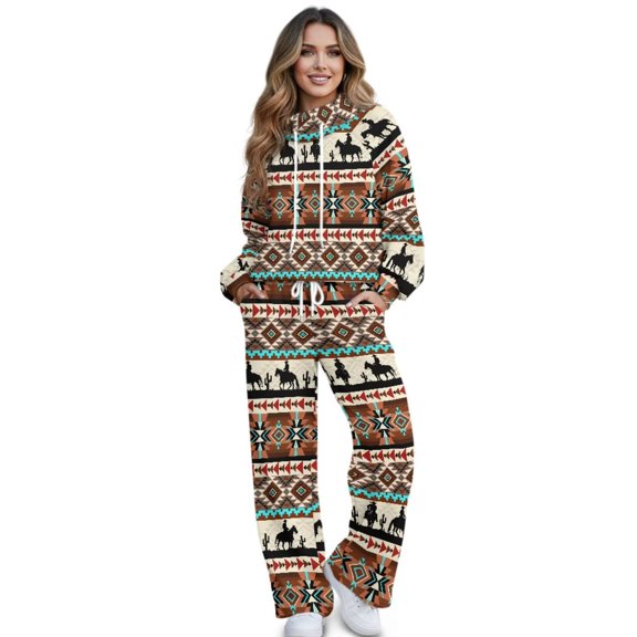 Uorisanigo Aztec Western Horse Women's Two Piece Outfits Oversized Sweatsuit Drawstring Mock Neck Tracksuit Long Sleeve Athletic Tops with Wide Leg Sweatpants Fall Lounge Sets Plus Size Sportswear