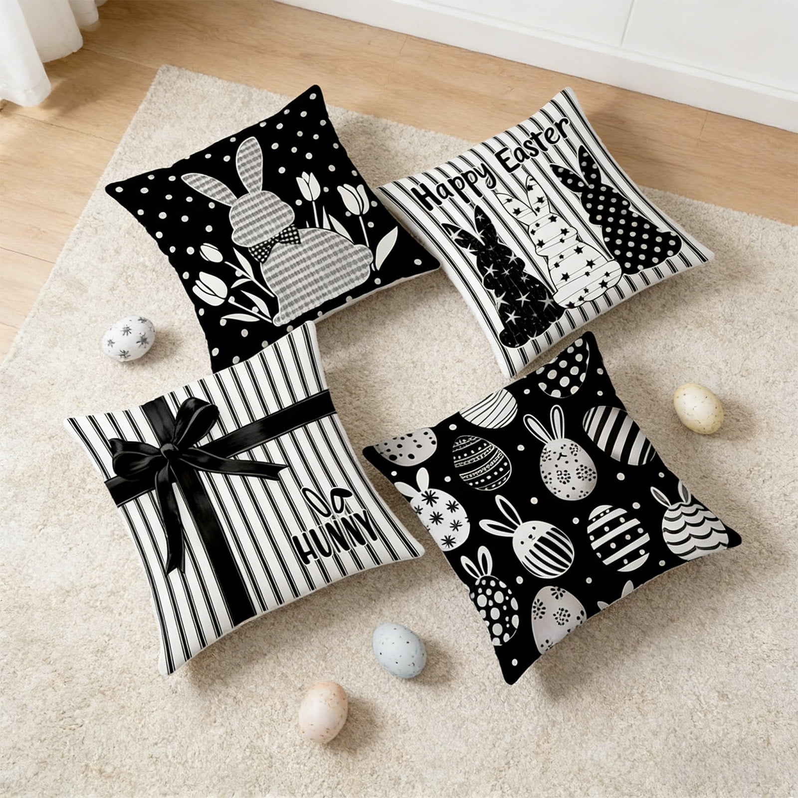 Easter Pillow Covers Set of 4, 18x18 Inch Easter Bunny and Egg Pattern Throw Pillow Covers, Soft Flannel Decorative Cushion Covers for Sofa Couch Spring Home Decor