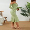 thumbnail image 2 of Femmes Été Élégant Robe Midi Licol Sangle Tie-up Coupe Basse Manches Longues Fishtail de Couleur Unie Partie Robe, 2 of 6