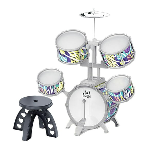 Kit de batería de jazz para niños con baquetas y taburete para tocar el ritmo, percusión sensorial Borde gris
