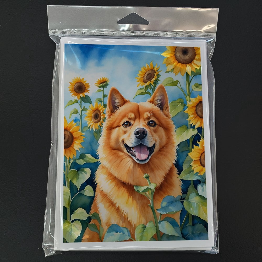 Finnish Spitz in Sunflowers Greeting Cards Pack of 8 7 in x 5 in